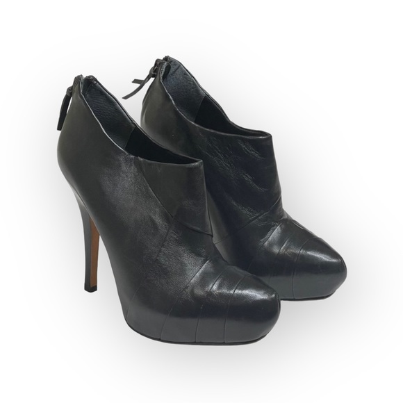 Luxe: Studio NK ꥟ Zip Back Platform Stiletto Heel Ankle Booties ꥟ Black Leather - Picture 9 of 16